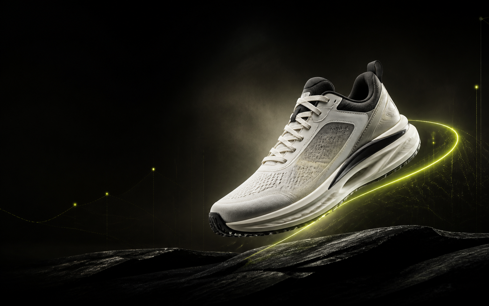 A futuristic running shoe traced by a lime tracking line